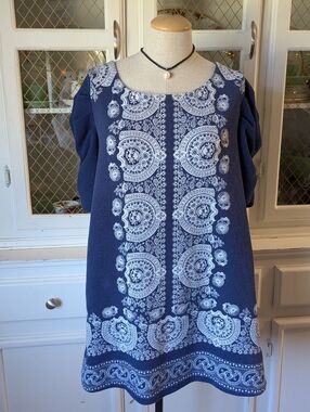 🧿✨Anthropologie Navy Blue White Peasant Tunic Mini Dress Top Grecian Bohemian